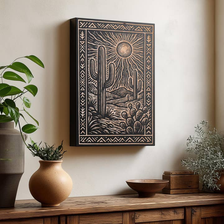 Illustration gravée de cactus du désert en bouleau pour la vente par Benoit's Design Co.