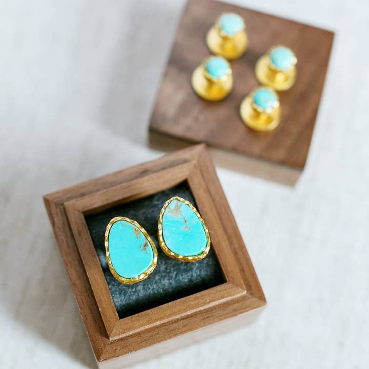 Ensemble boutons de manchette et clous d'oreilles pour hommes - Turquoise pour la vente par Christina Greene LLC