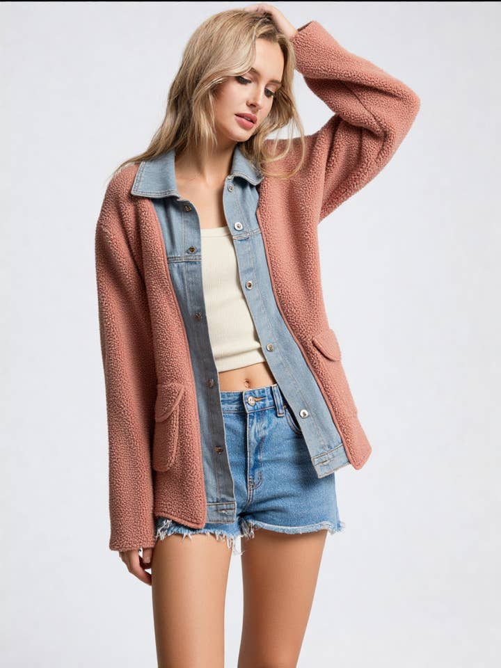 VERY J - Wholesale Shirt Jacket/Shacket - Women's - NJ90198-Soft Fleece and Denim Contrast Shacket Jacket