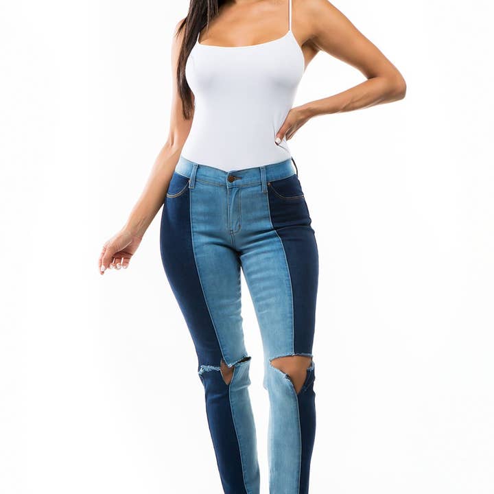 Jeans Joker Mid Rise Colorblock Stretch perna reta média por atacado de Blue Turtle