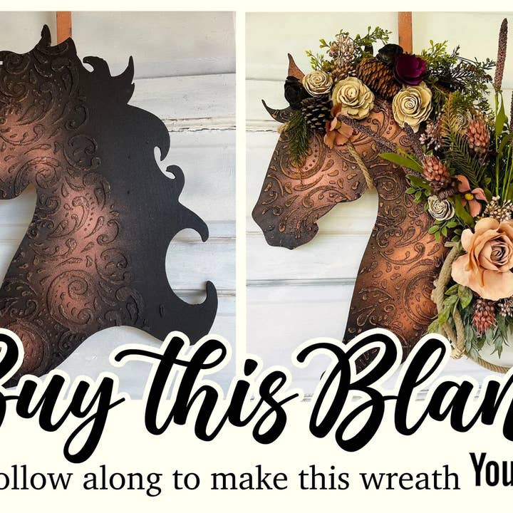 All Designs Equine - Vente Décoration murale - Décoration murale en forme de tête de cheval en bois aspect cuir avec fleurs pour couronne de porte