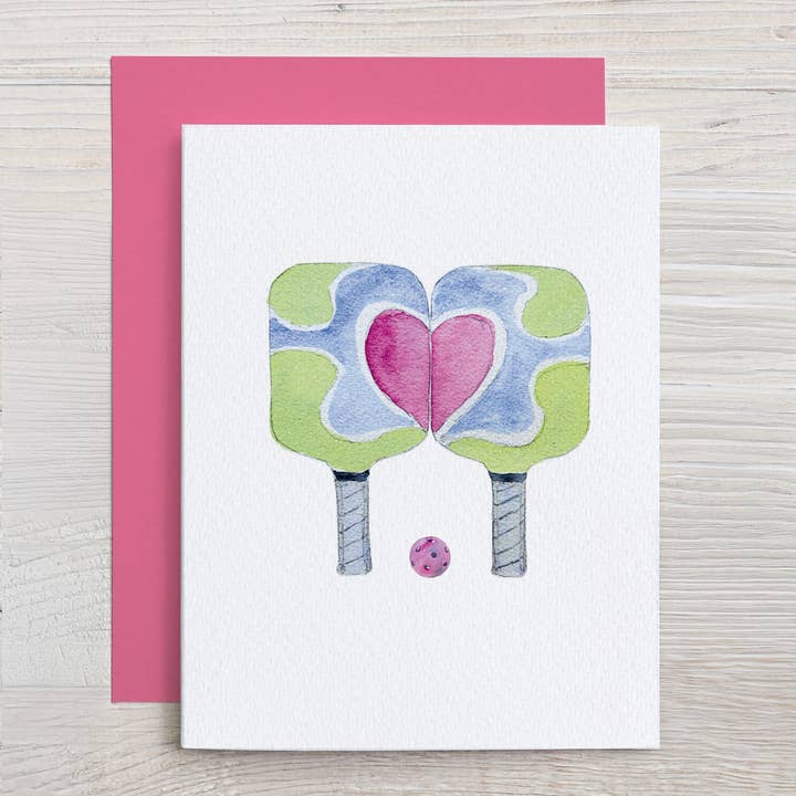 Watercolor Pickleball Note Card (Green/Blue with Heart) for wholesale by Waterline Studio