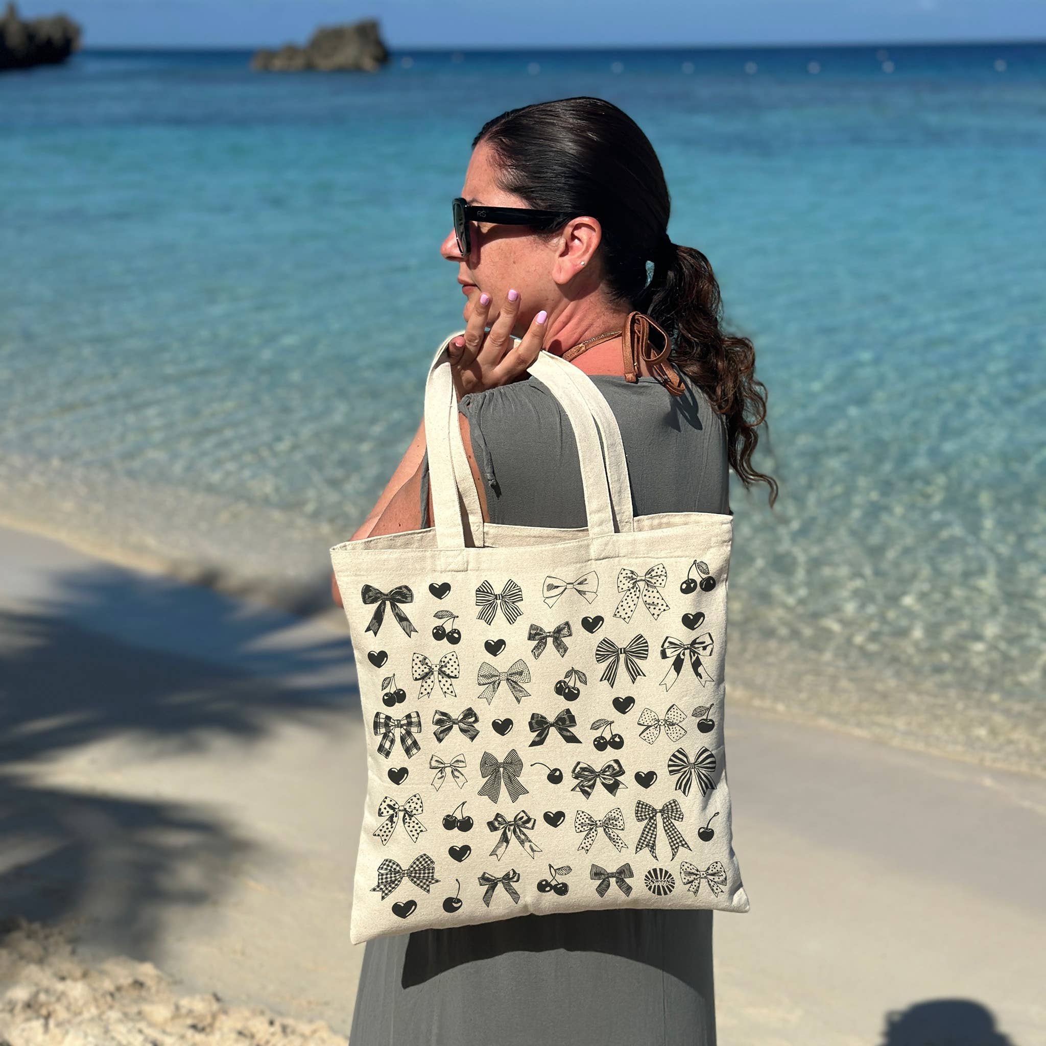 Sween Shop - Wholesale Tote Bag - Women's - Cherry Heart & Bow Coquette Canvas Tote Bag Gift7