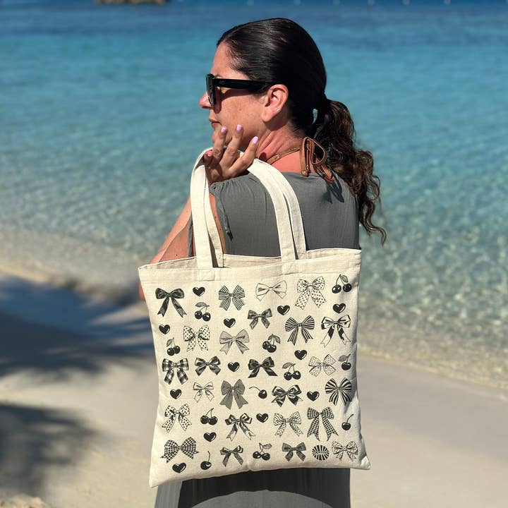 Sween Shop - Wholesale Tote Bag - Women's - Cherry Heart & Bow Coquette Canvas Tote Bag Gift7