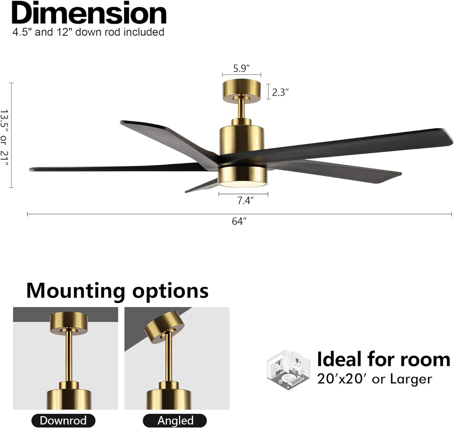 Brio Lighting - Wholesale Ceiling Fan - Ceiling Fan 64" 5-Blade 6-Speed Black & Gold with LED Light6