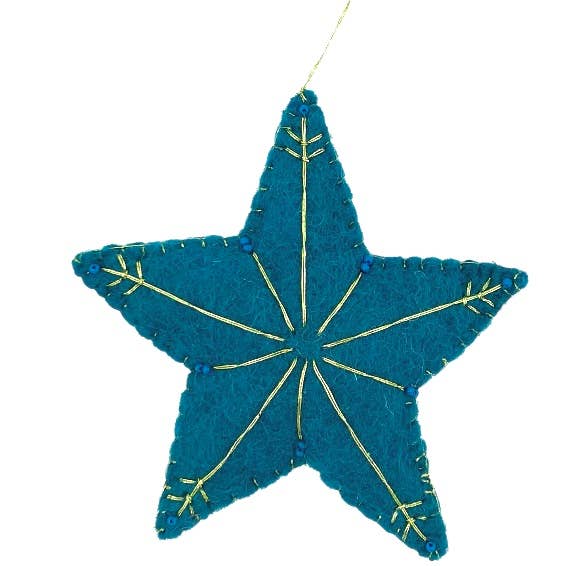Luna-Leena  - handmade in Nepal - Vente Décoration de Noël - Pendentif étoile bleue et or en feutre de laine - fait main au Népal0