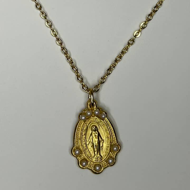 N121 Religious Oval Virgin Mary Medal with Tiny Pearls. for wholesale by Weisinger Designs