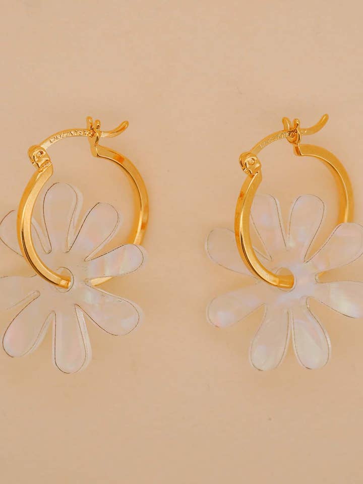 Flower hoops in white iridescent for wholesale by Paulina Otero