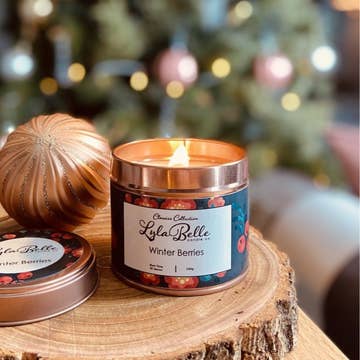 Winter Berries Tin Candle for wholesale by Lyla Belle Candle Co.