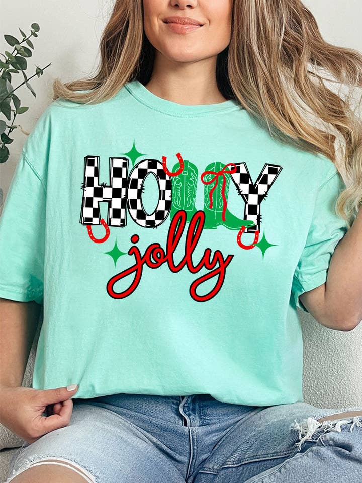 T-shirt en coton filé à l'anneau pour adulte Holly Jolly Boots Comfort Colors pour la vente par Wholesale Accessory Market