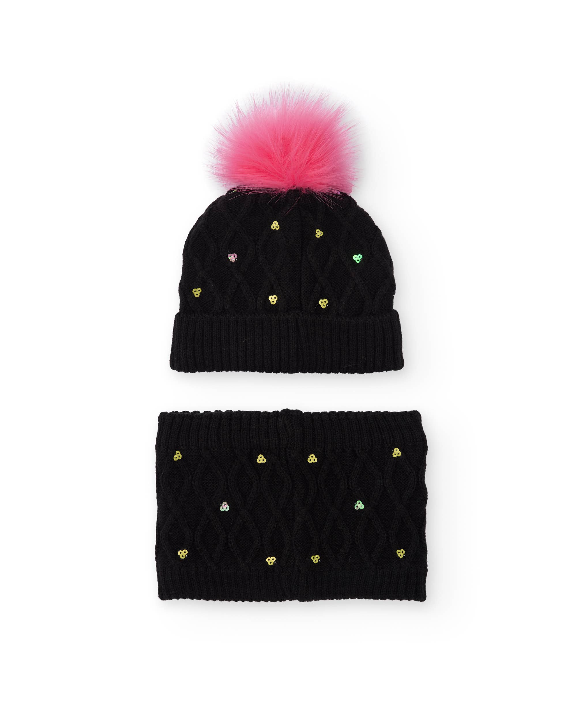 tuc tuc - Wholesale Winter Accessory Set - Kids - Girl's hat and neck set with pink pompom and sequins1