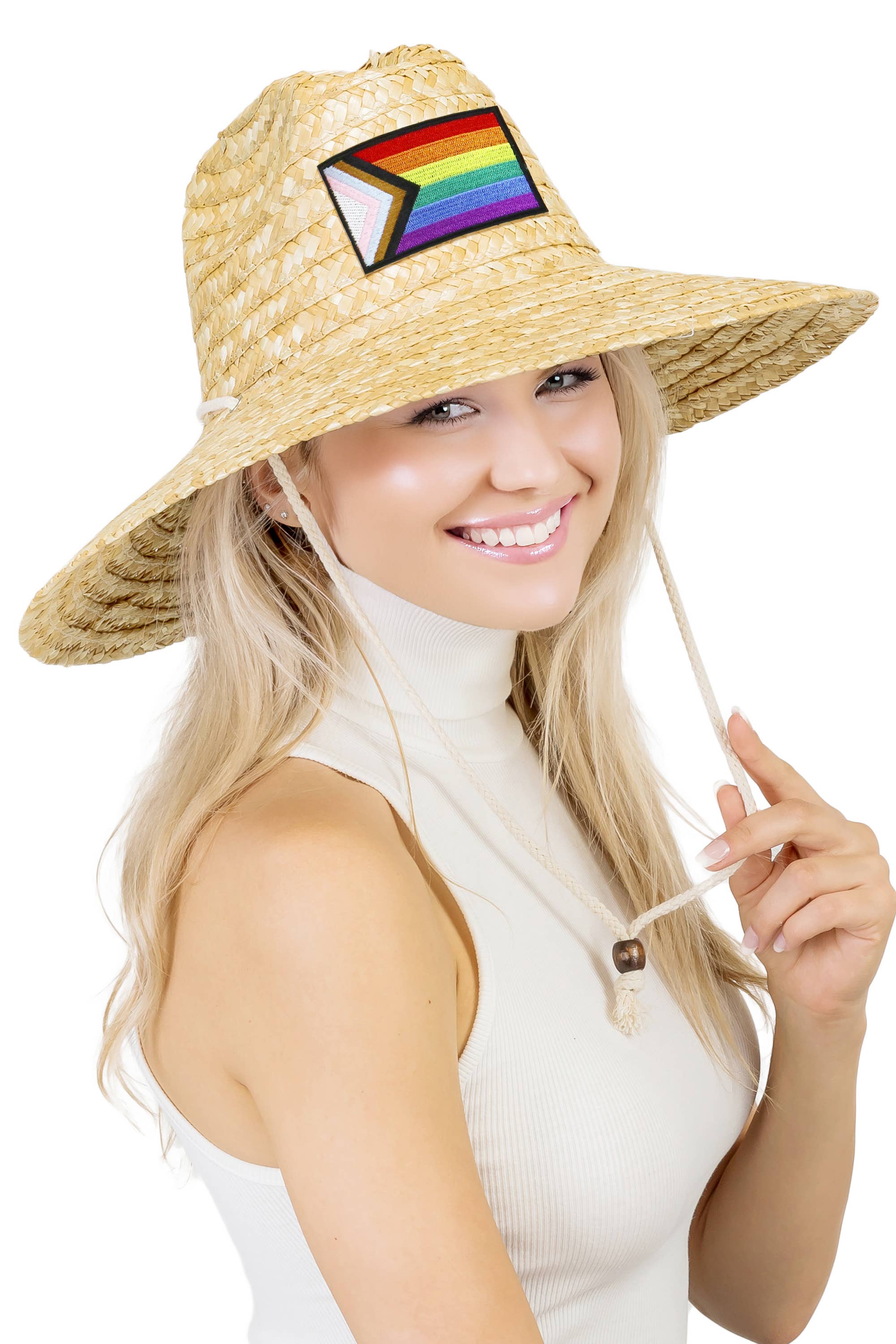 Cap Zone - Wholesale Straw Hat - Unisex - Rainbow Pride Flag Patch Wheat Straw Lifeguard Hat1
