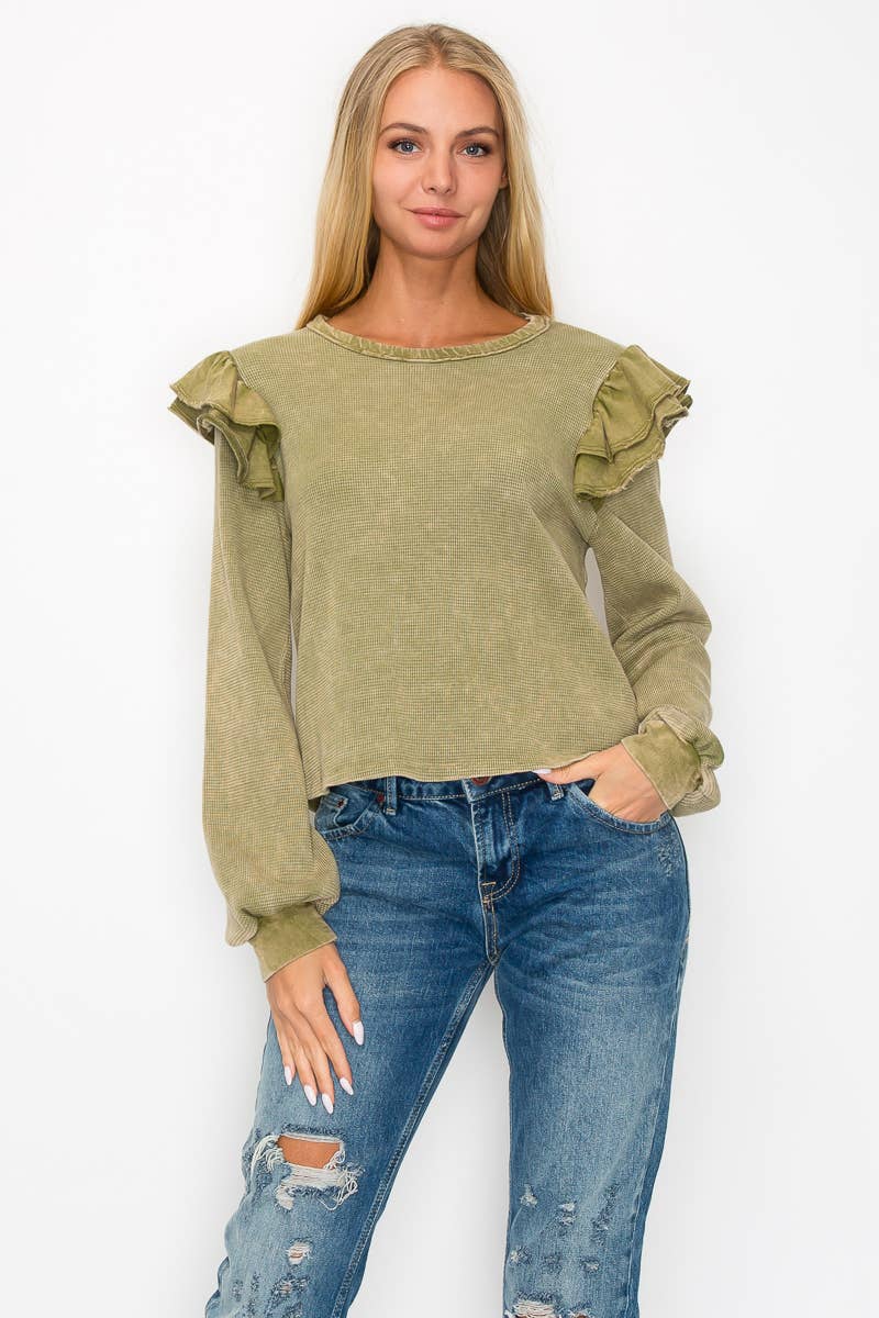 J.Her - Wholesale Blouse - Women's - Mineral Wash Ruffle shoulder top HT50450
