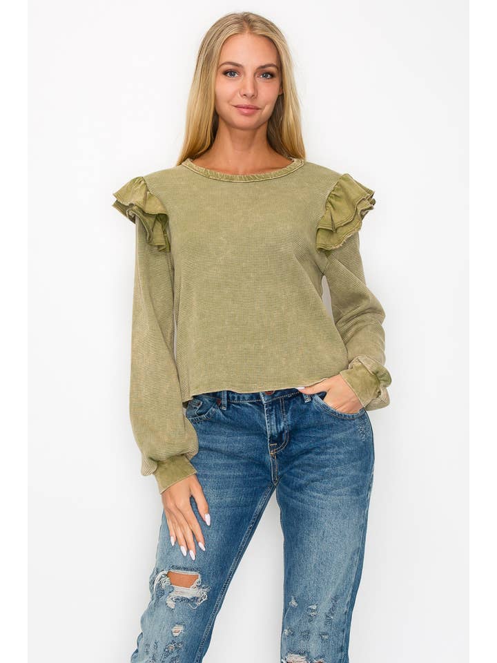 J.Her - Wholesale Blouse - Women's - Mineral Wash Ruffle shoulder top HT50450