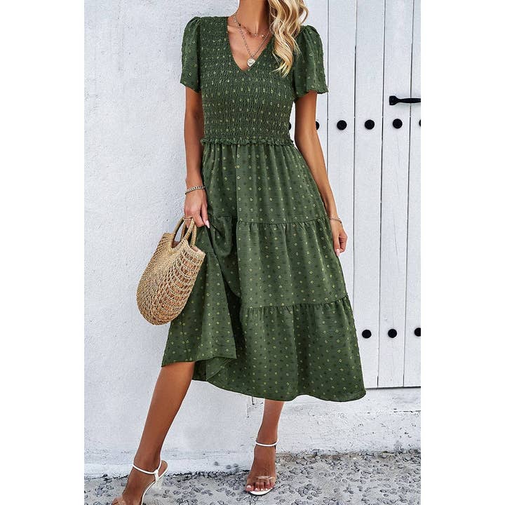 Shoppe247 – Engroshandel Kjole - Dame – Swiss Dot Ruched Color Block V-hals flæsekjole