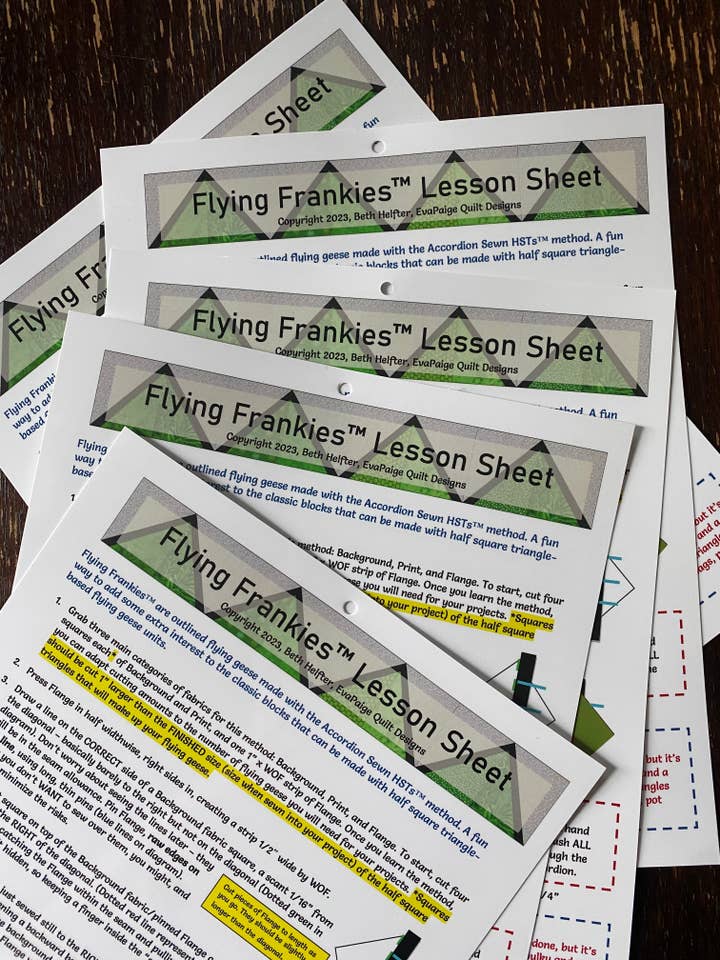 Flying Frankies™ Lesson Sheet for wholesale by EvaPaige Quilt Designs