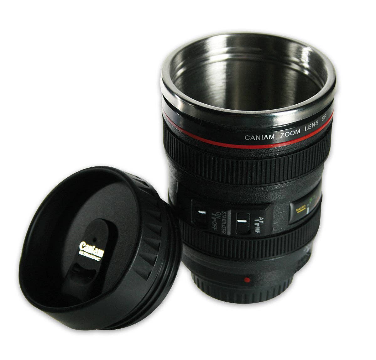 Close Up GmbH – copos e garrafas térmicas por atacado – Copo térmico em forma de lente de câmara com tampa de rosca1