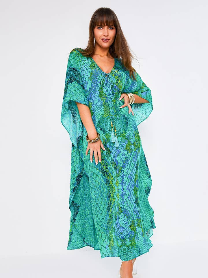 Kaa Tassel Maxi Kaftan in Ocean Python for wholesale by KITTEN