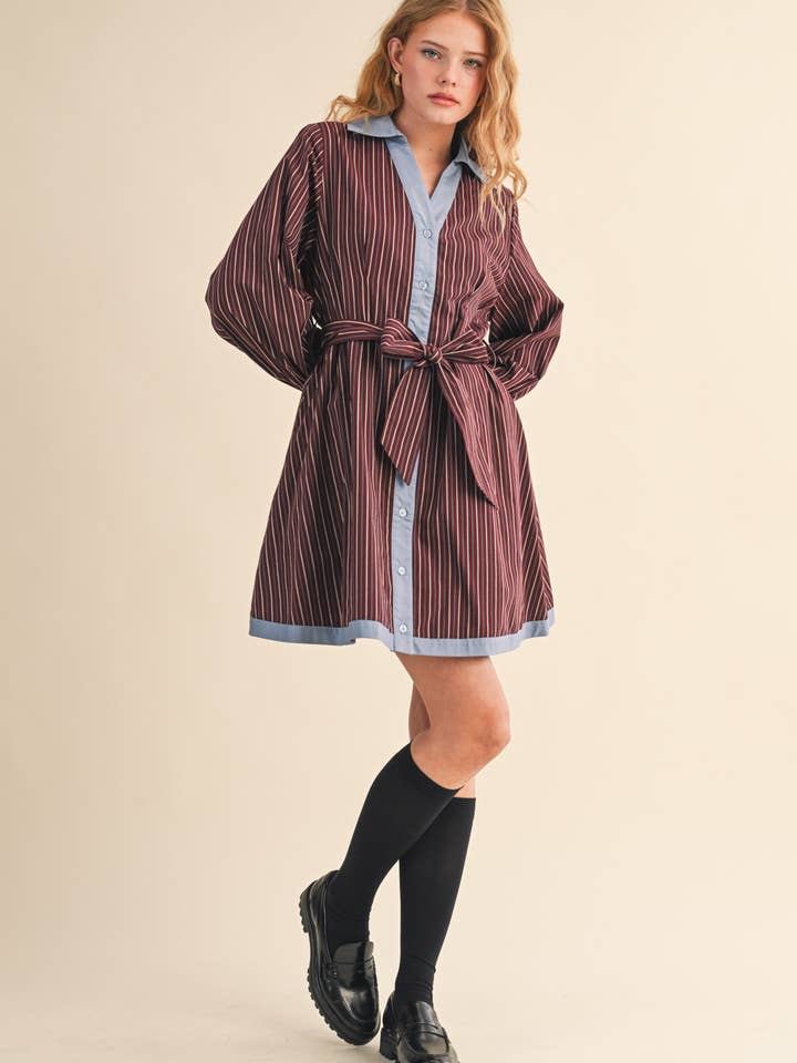 &MERCI - Wholesale Dress - Women's - STRIPED BUTTON DOWN BELTED MINI DRESS MDR426724