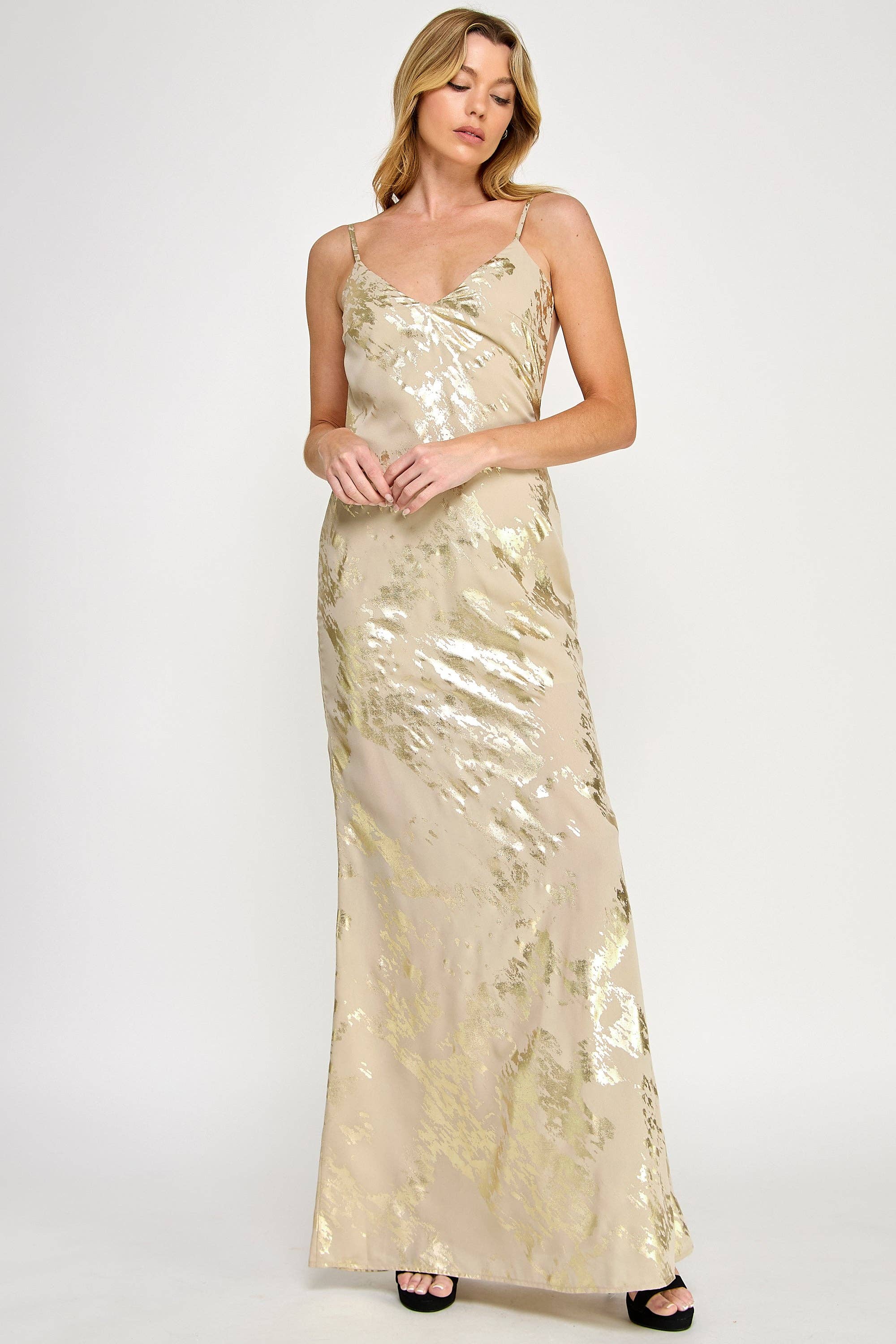 Vestis M - Wholesale Dress - Women's - Gold Foil Open Back Sleeveless Maxi Dress2