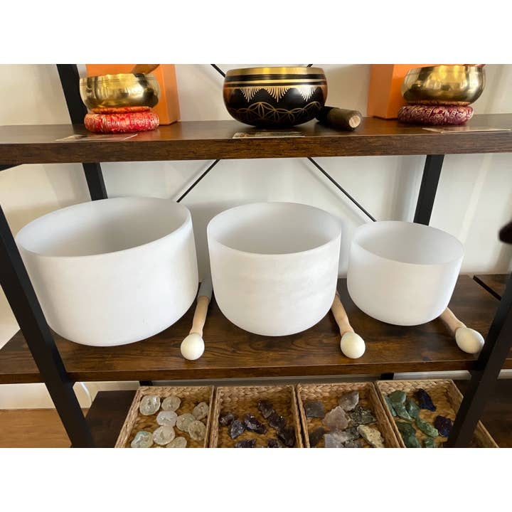 Crystal Cove Minerals – wholesale Spiritual stone/crystal – Set of 3 Frosted Quartz Singing Bowls - 8", 10" & 12" with C