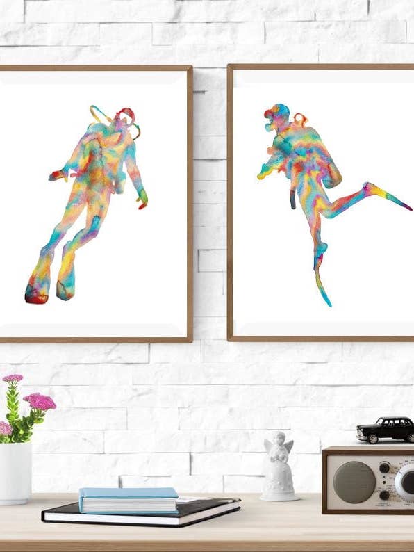 Sæt med 2 Scuba Diving Akvarel Maleri Print for engroshandel hos Goodfairyart