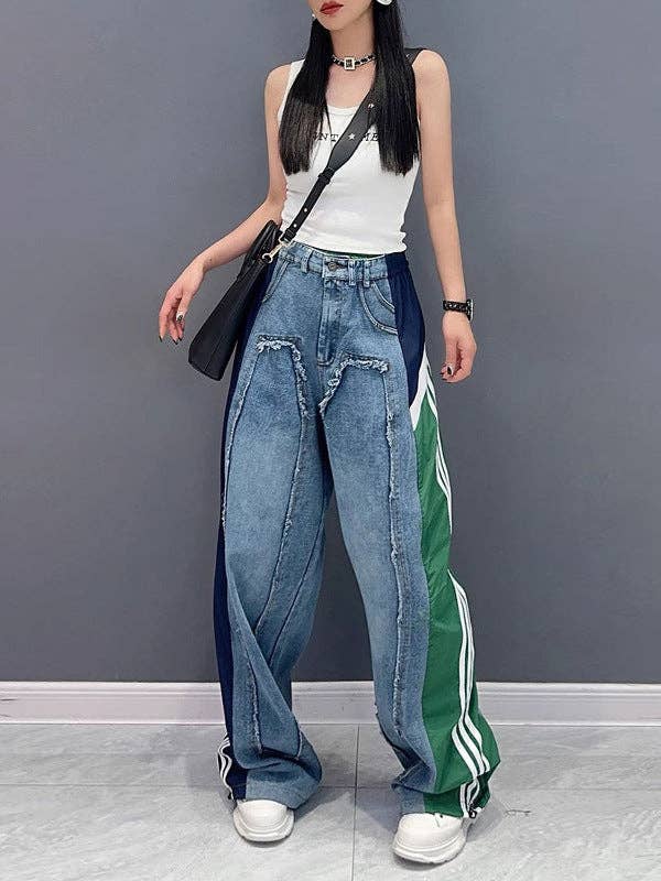 VividLux - Wholesale Jeans - Women's - Loose Wide Leg Contrast Color Drawstring Elasticity Fringed Split-Joint Jean Pants Bottoms9