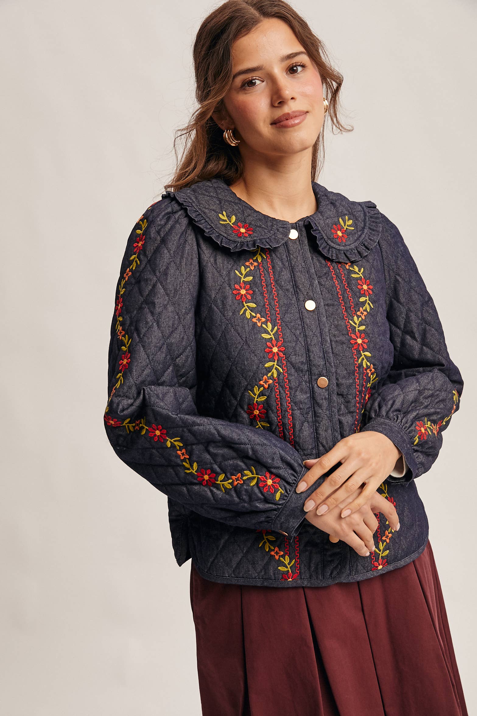 Midnat Indigo Broderet quiltet denimjakke FJ0008 for engroshandel på Faire13