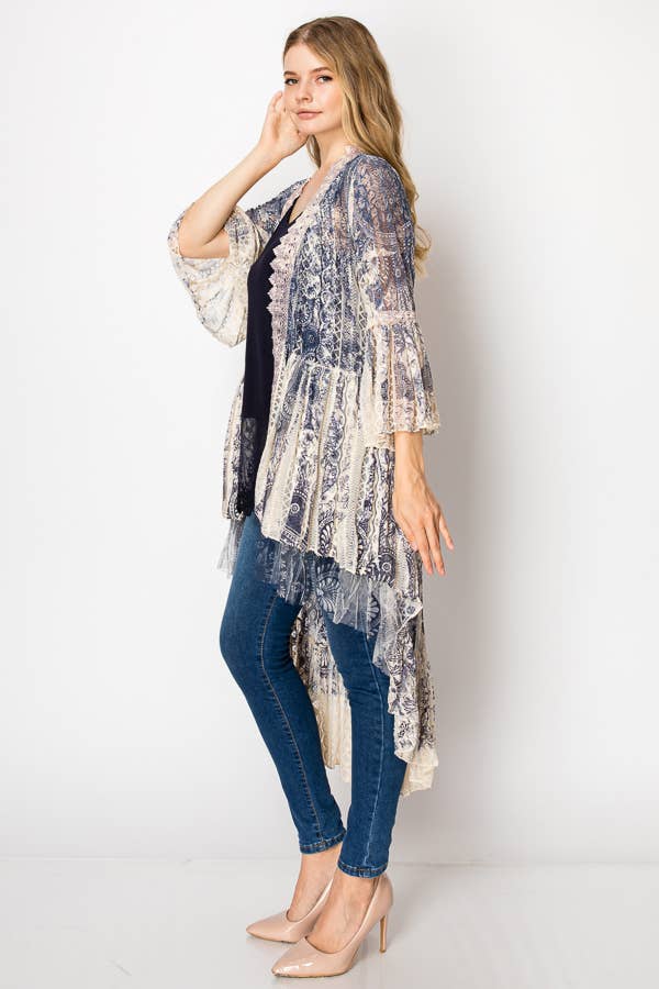 GRIS M Cardigan Kimono Éthéré en Dentelle à Étages Haut-Bas - 4508 BG M GRIS en vente sur Faire1