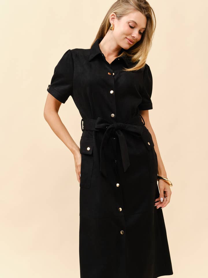 Robe en faux daim à manches bouffantes et ceinture à nouer pour la vente par Tea & Cup