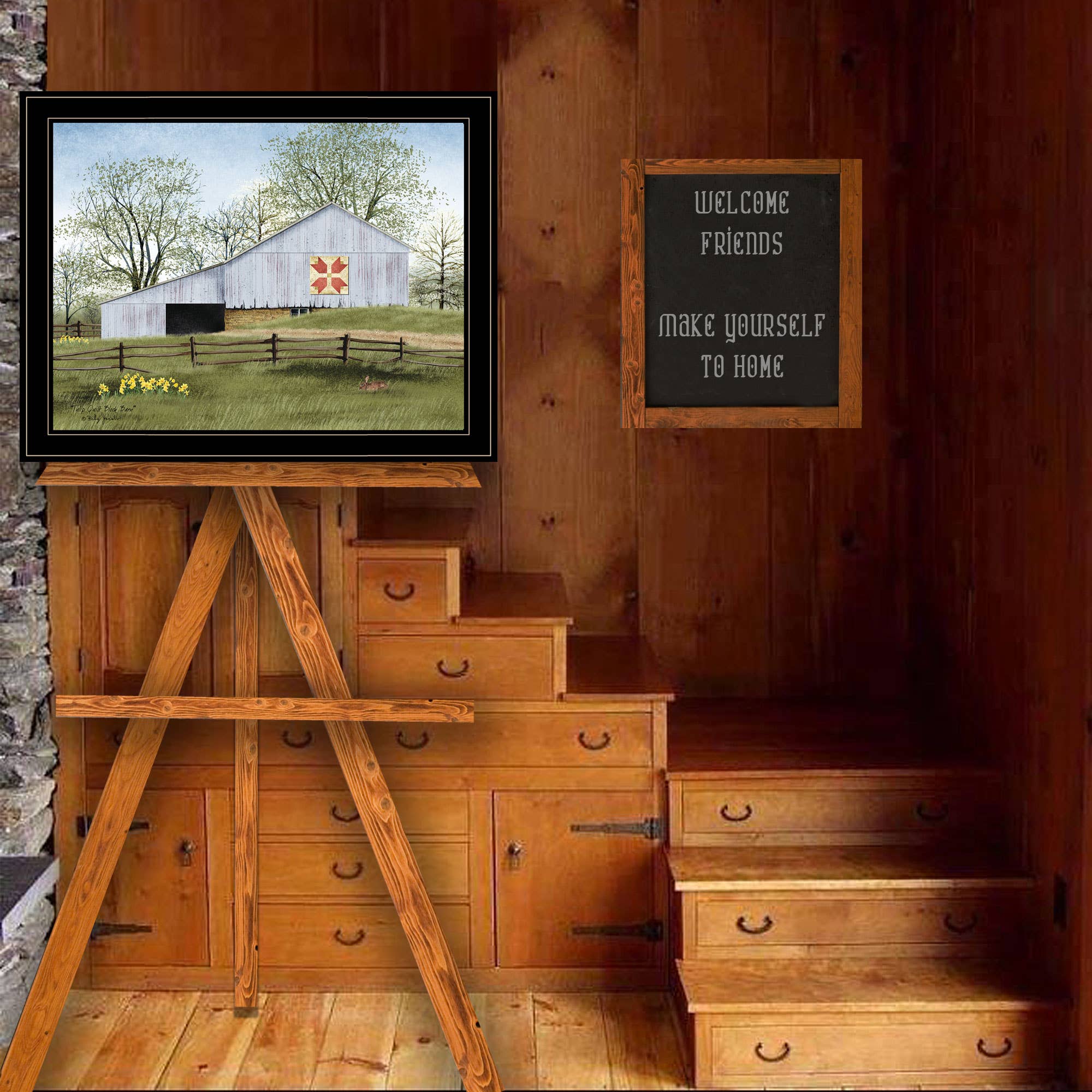 Trendy Decor 4U - Wholesale Art Print - "Tulip Quilt Block Barn" by Billy Jacobs - 27x21 Black Frame1