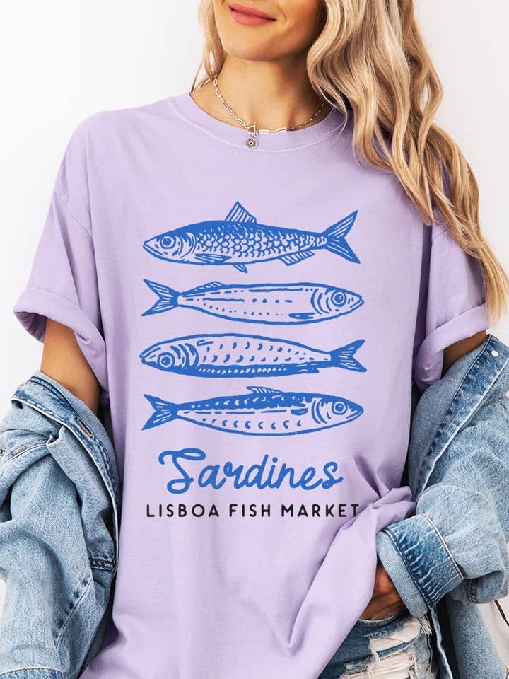 Sardines Fish Market Graphic Garment Dyed Tee for wholesale by Pink Irene Wholesale
