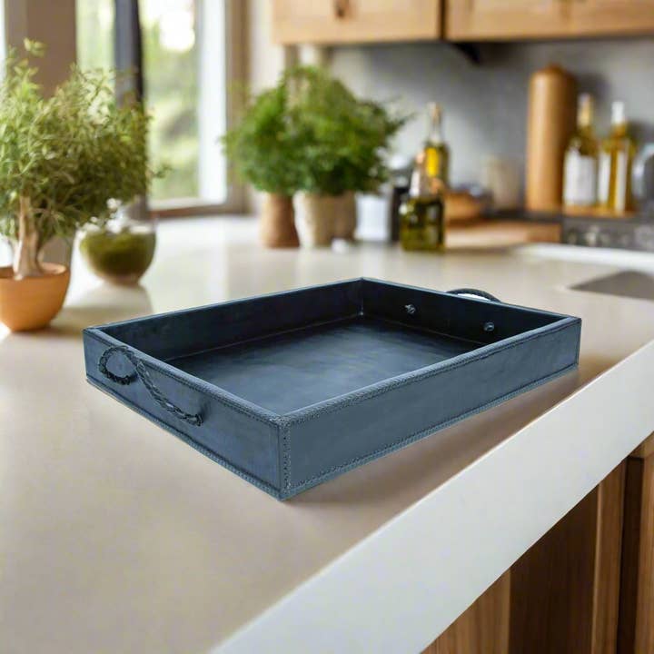 Bati Goods - Wholesale Decorative Tray - Comer | 19" Rectangle Leather Ottoman Tray w/ Handles1
