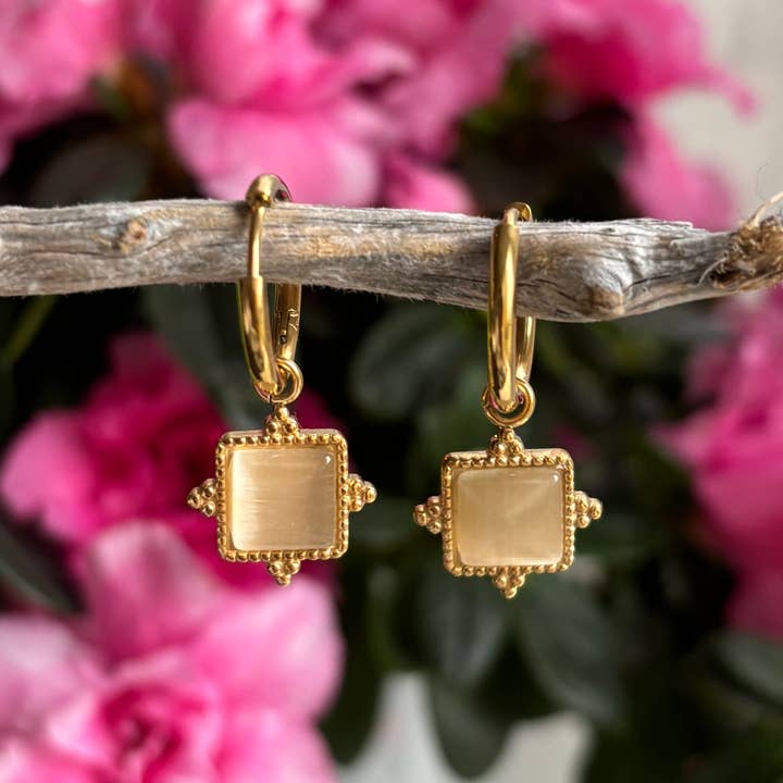 18ct Gold Plated Square Clear Quartz Huggie Earrings for wholesale by Ocean Ripples