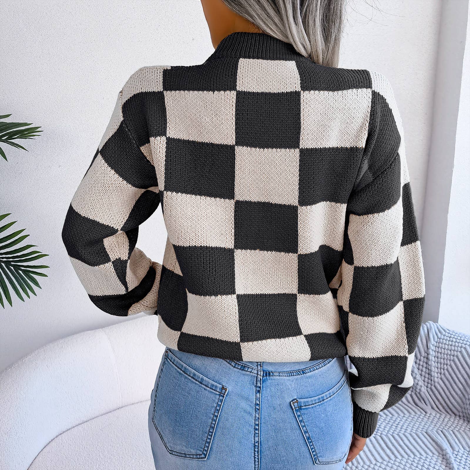 HIDDENBRAND - Wholesale Knit Sweater - Women's - Contrast plaid pullover knit sweater10
