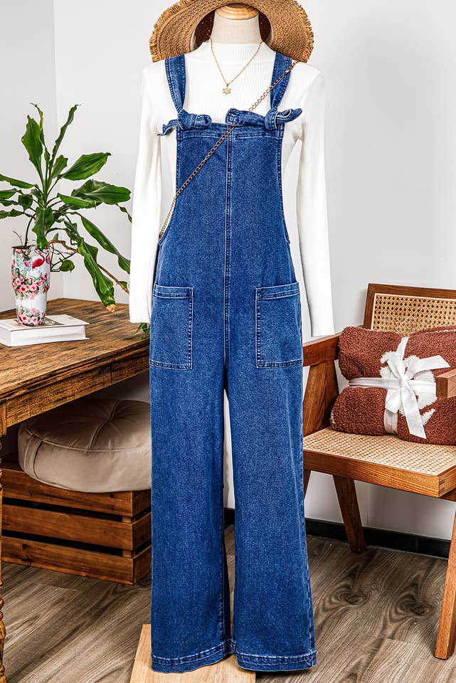 As shown Mineral Wash Knot Strap Patch Pocket Wide Leg Denim Overalls for wholesale on Faire