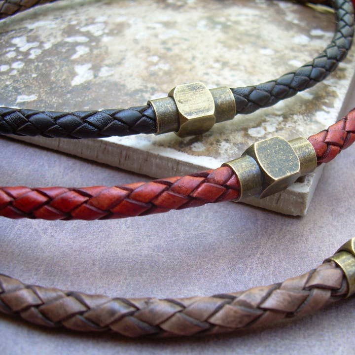 Mens Leather Necklace, Antique Brass , Magnetic Clasp, Braided Leather Necklace, Mens Necklace,Mens Jewelry, Brass, Mens Gift, Gift for Him for wholesale by Urban Survival Gear USA