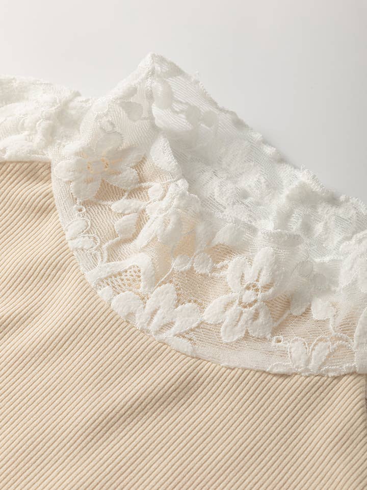 Lovesoft - Wholesale Knit Top - Women's - Beige Floral Lace Patchwork Long Sleeve High Neck Slim Top4