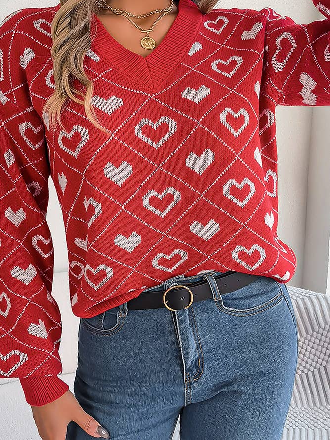 UNISHE - Wholesale Knit Sweater - Women's - V Neck Heart Knit Pullover Sweater BJS1022