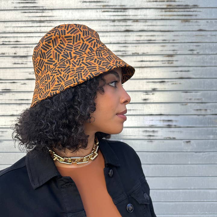 Brown Satin Lined Printed Bucket Hat in Umber for wholesale on Faire