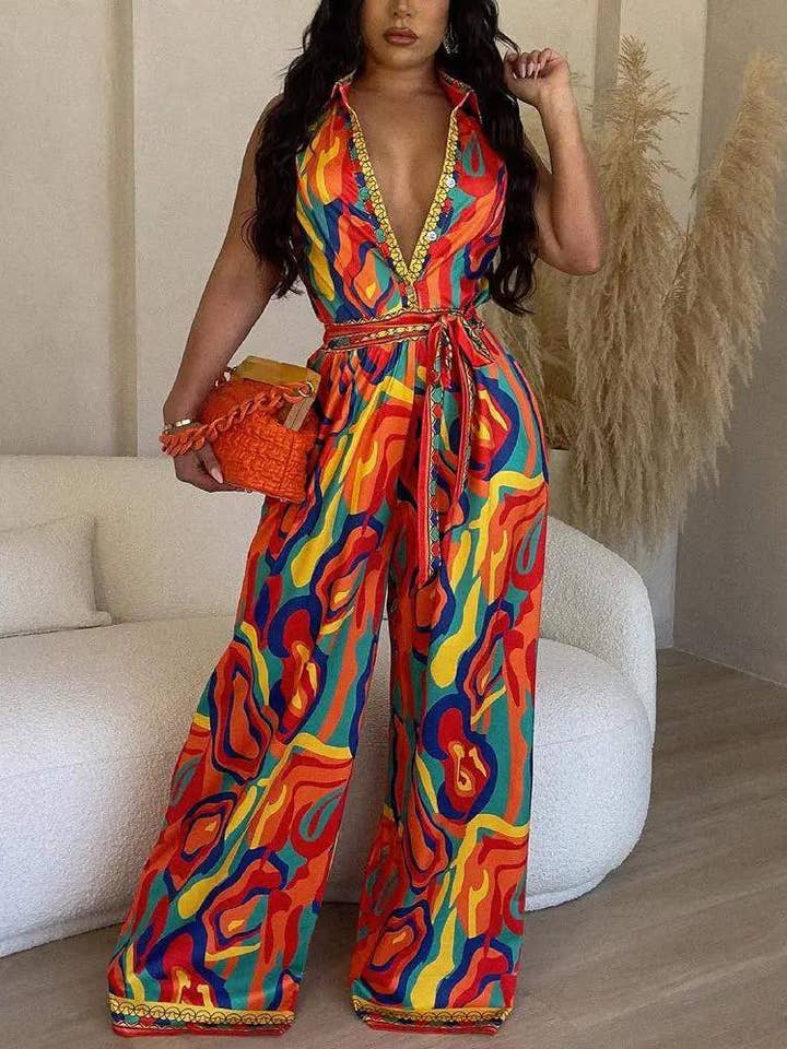 mono de pierna ancha con estampado abstracto multicolor para venta al por mayor de Queen Fashion