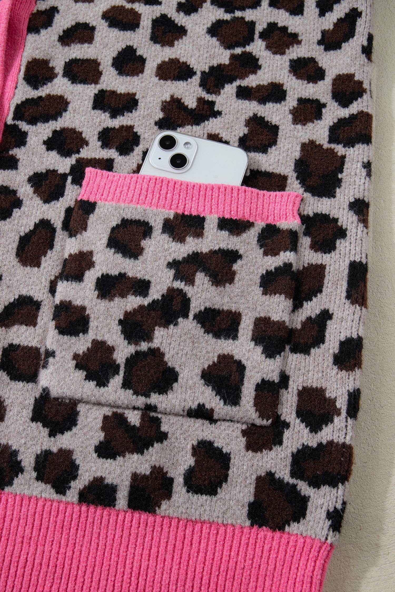 Brown 66Leopard Print Color Block Trim Sweater Cardigan (S-XL) for wholesale on Faire4