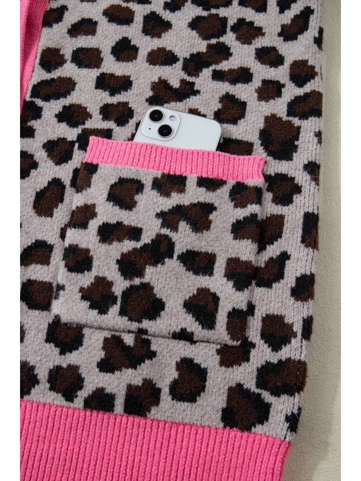 Marron Cardigan à imprimé léopard avec bordure en couleur (S-XL) en vente sur Faire4