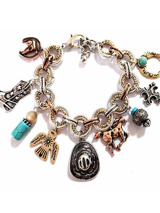 ( Y028 ) WESTERN THEME MULTI CHARM BRACELET - HORSE BOOT for wholesale by Jewelry Max