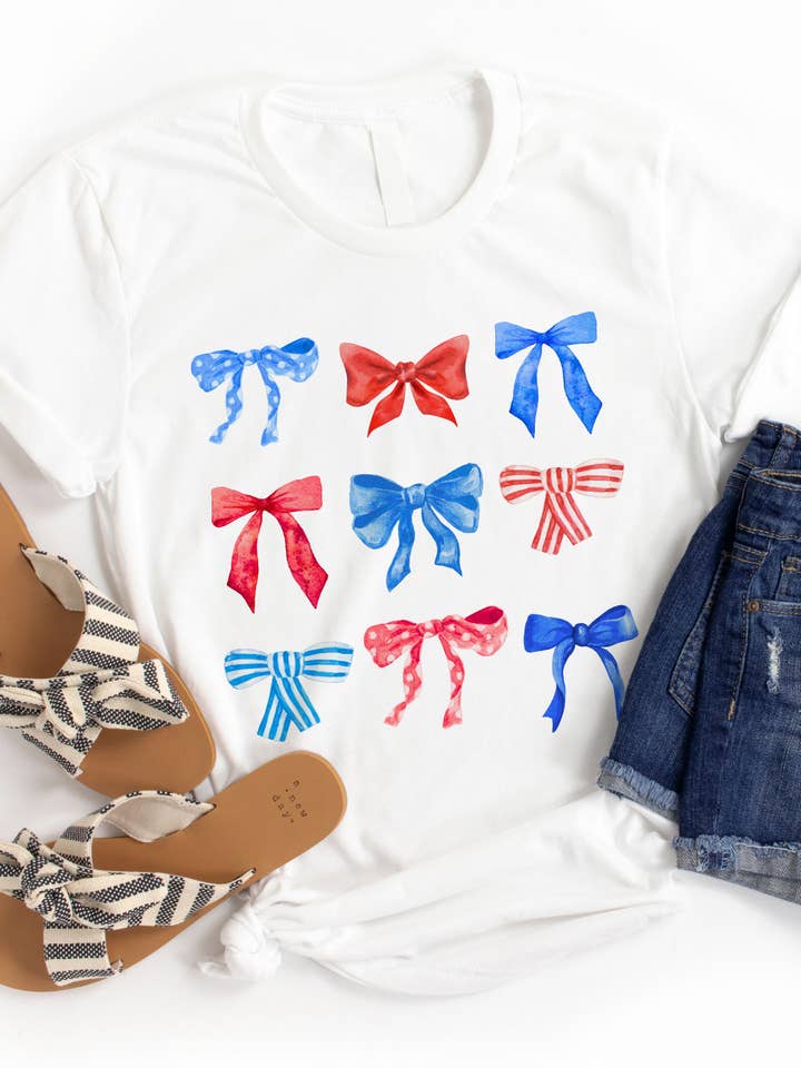 Red Blue Patriotic Bow Coquette Graphic Tee for wholesale by Tickled Teal