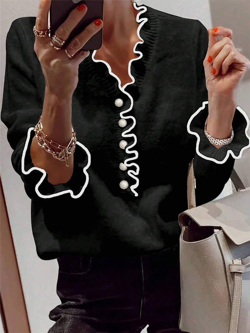 HIDDENBRAND - Wholesale Knit Sweater - Women's - Ruffle Knit Contrast Trim V-Neck Sweater0