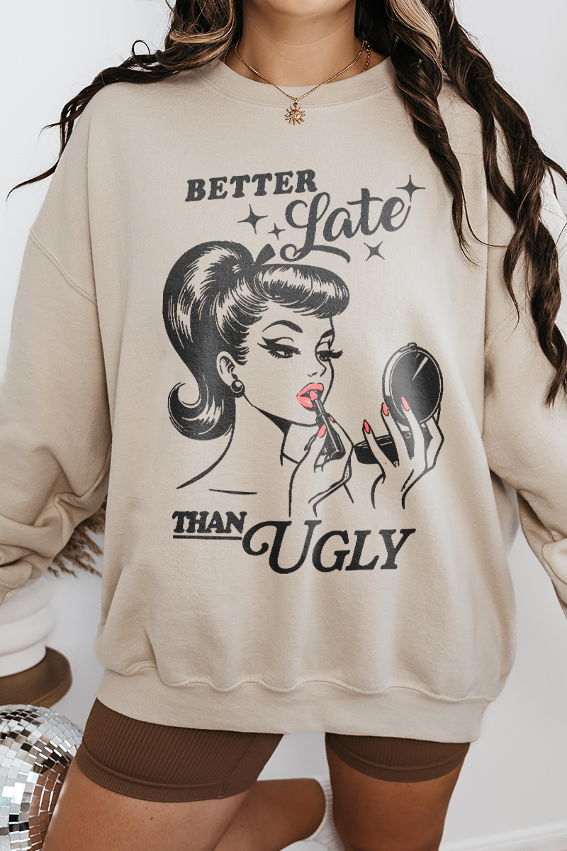 Bella Me – wholesale Sweatshirt med tryck - Dam – Vintage Better Late Crew Halsband1
