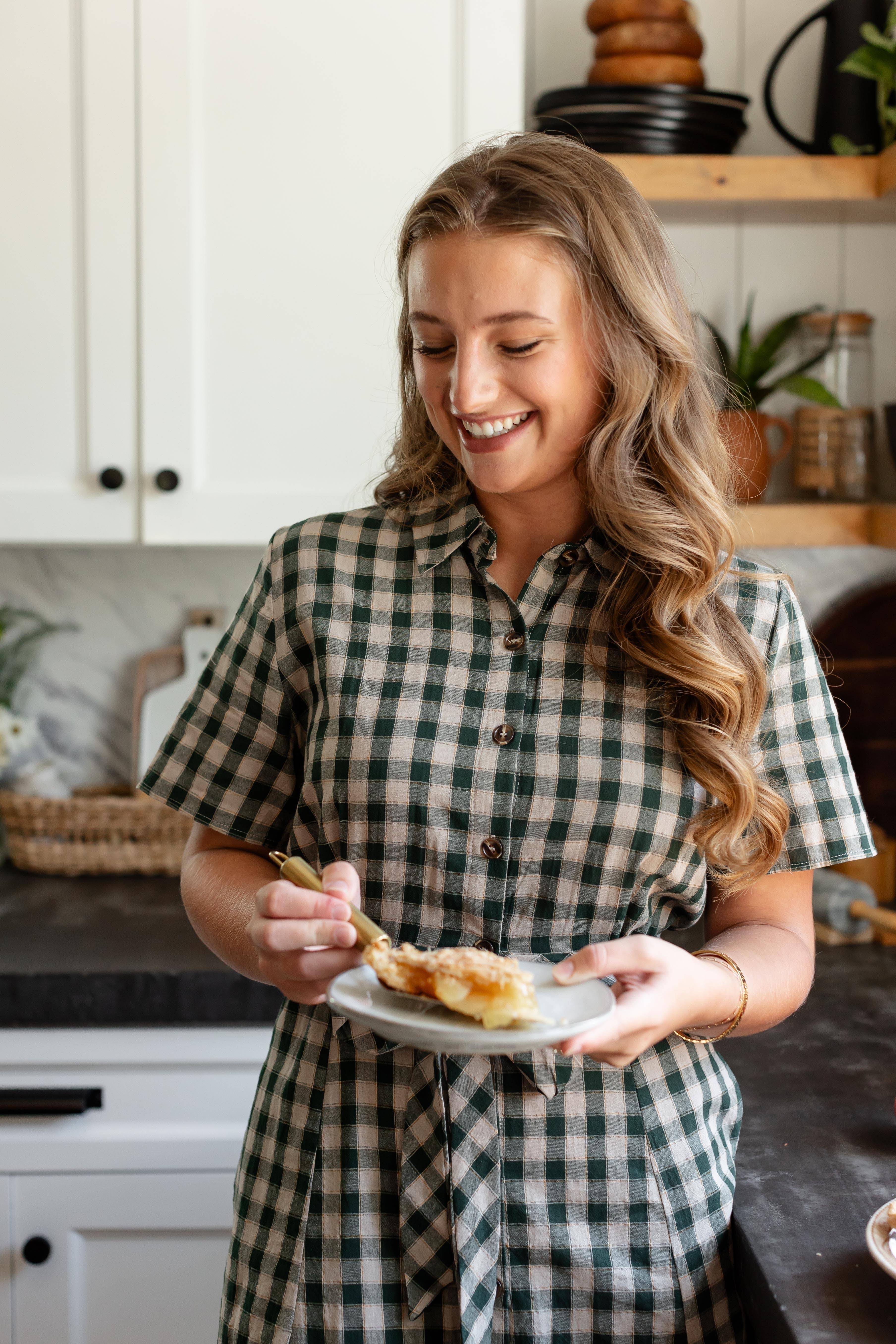 Light Tan 'Mae' Green Gingham A-Line Cotton Shirtdress FINAL SALE for wholesale on Faire7