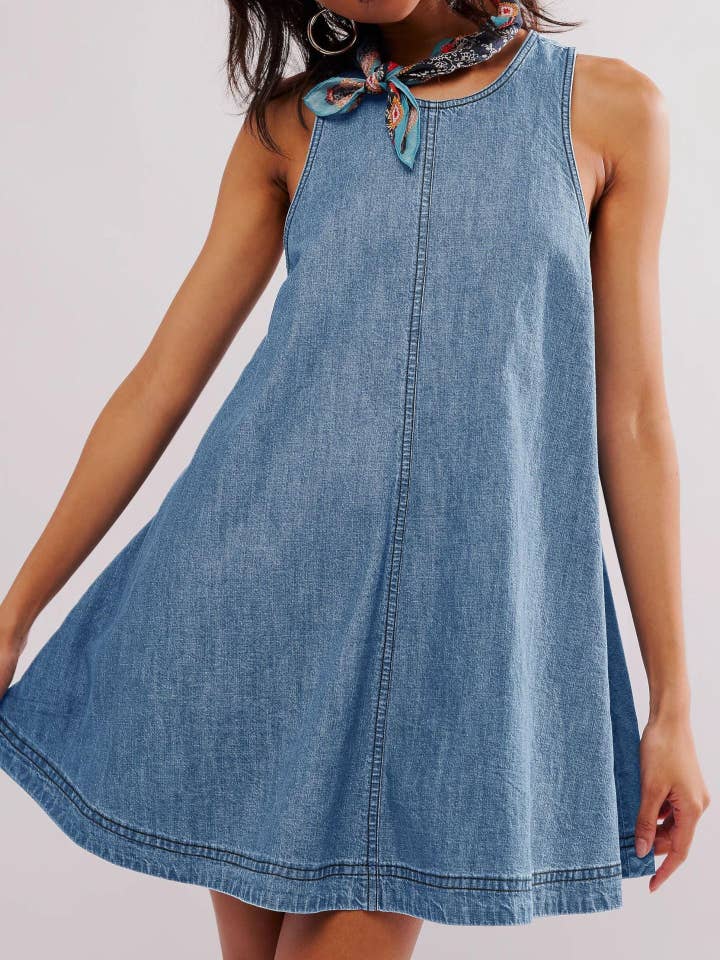 Dipped Shop - Venta al por mayor Vestido - Mujer - Vestido Mini Sin Mangas con Cuello Redondo de Denim DP25A53111