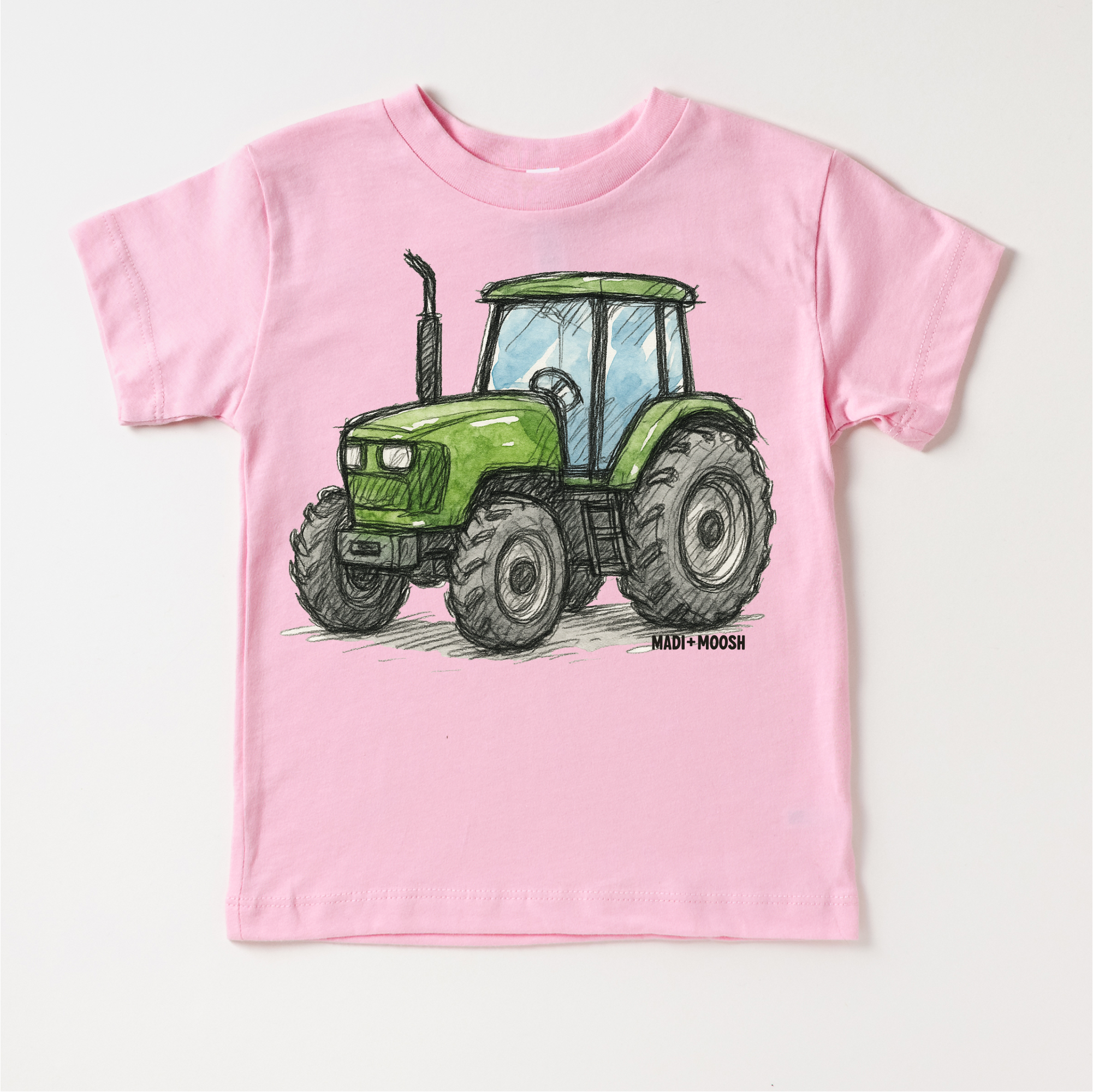 Madi Moosh - Wholesale Screen Printed T-Shirt - Kids - Green Farm Tractor Country T-Shirt - Retro Sketch Art Tee4
